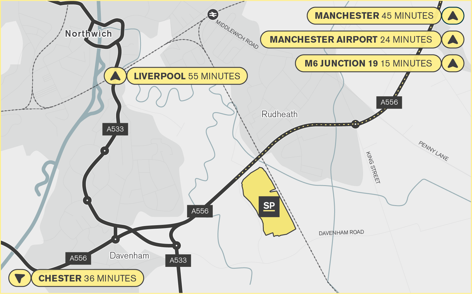Route map showing drive times to Stoford Park Northwich